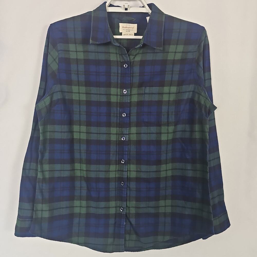 Weatherproof Vintage Flannel Shirt Women L Large Plaid Blue Green Stretch Button